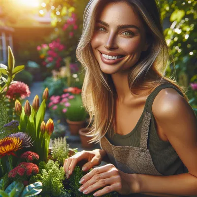 Lila Patton tending to a vibrant garden with lush plants